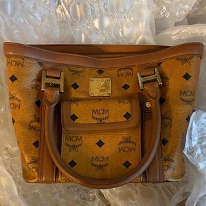 MCM Cognac Visetos Logo Tote with Gold Hardware